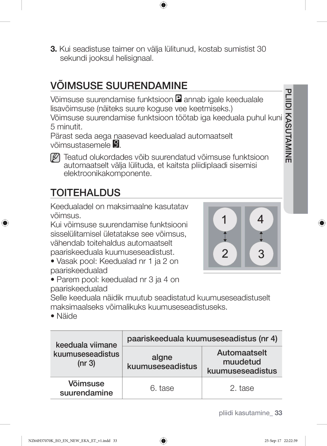 Samsung NZ64H37075K/EO manual Võimsuse Suurendamine, Toitehaldus 