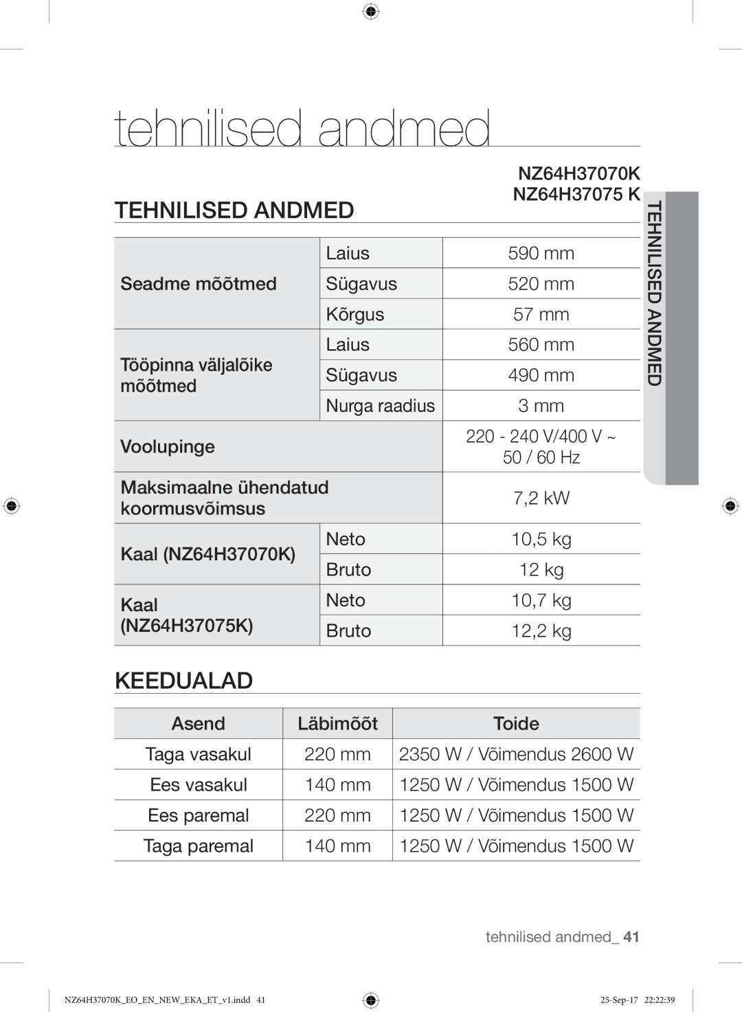 Samsung NZ64H37075K/EO manual Tehnilised andmed, Tehnilised Andmed 