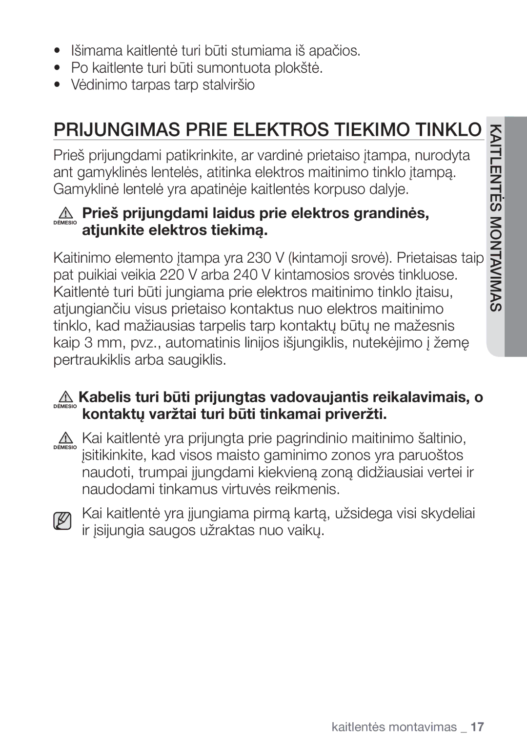 Samsung NZ64H37075K/EO manual Prijungimas Prie Elektros Tiekimo Tinklo 