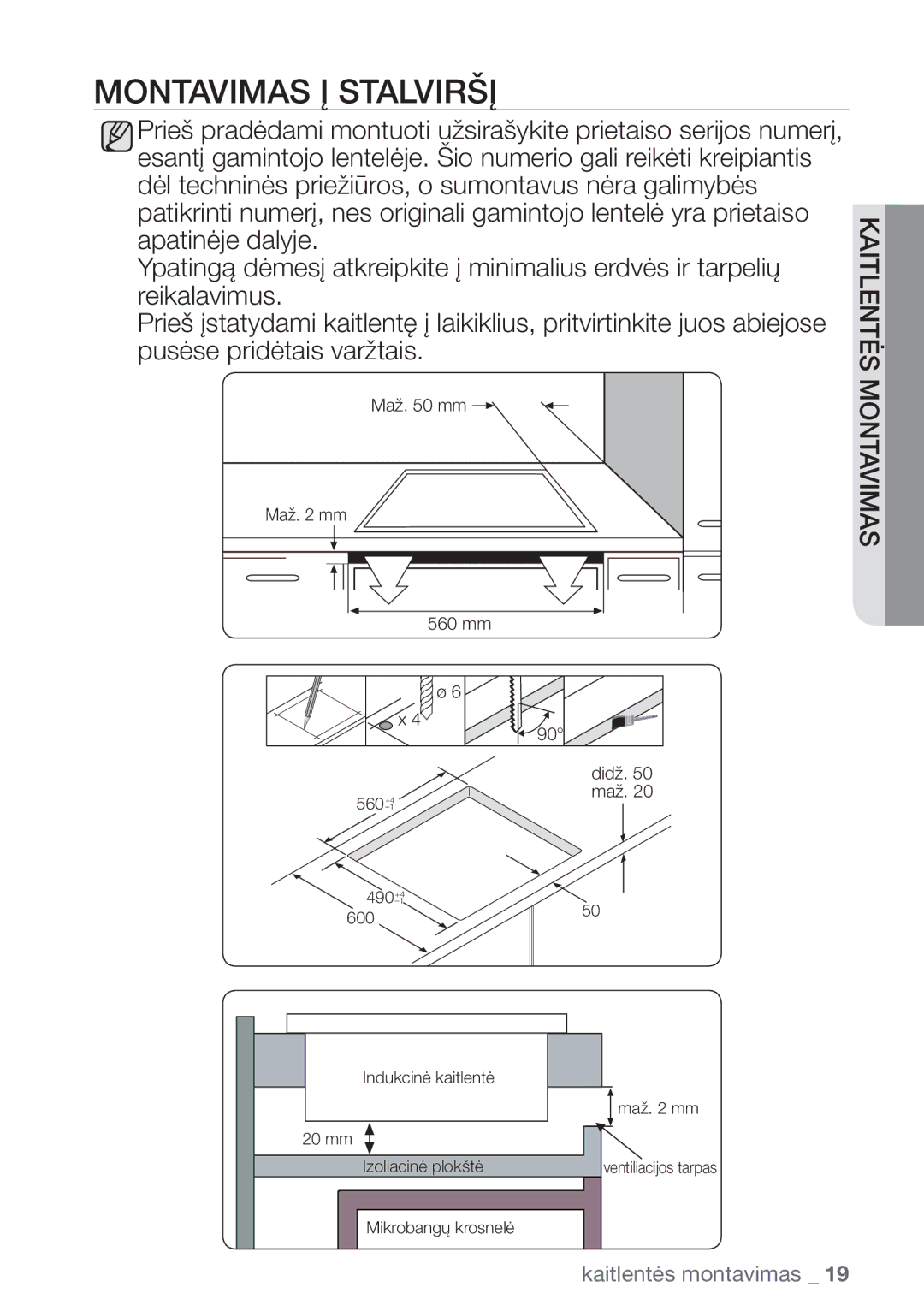 Samsung NZ64H37075K/EO manual Montavimas Į Stalviršį, 560 mm 