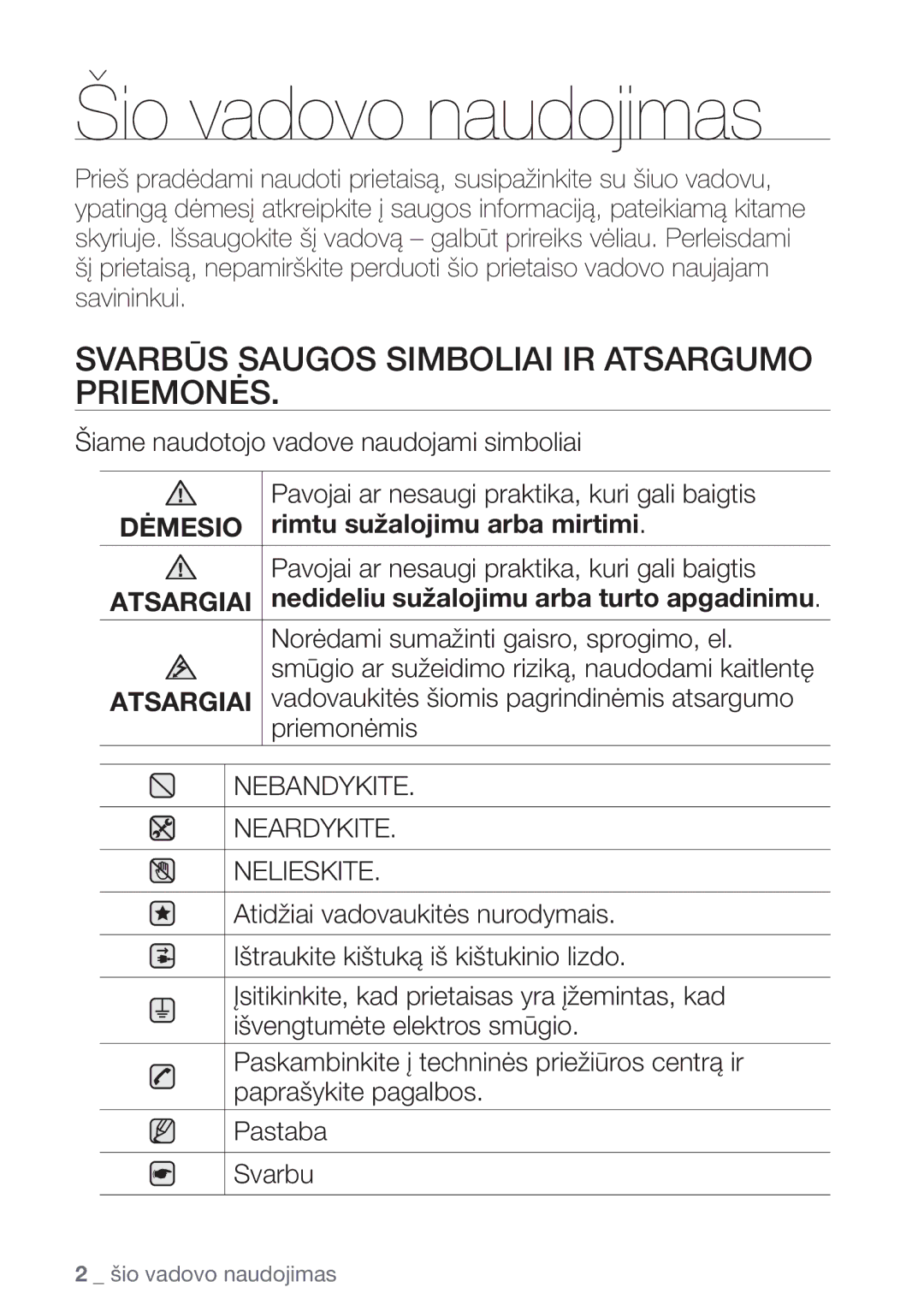 Samsung NZ64H37075K/EO manual Šio vadovo naudojimas, Svarbūs Saugos Simboliai IR Atsargumo Priemonės 