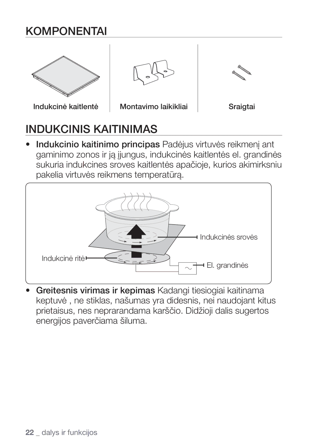 Samsung NZ64H37075K/EO manual Komponentai, Indukcinis Kaitinimas 