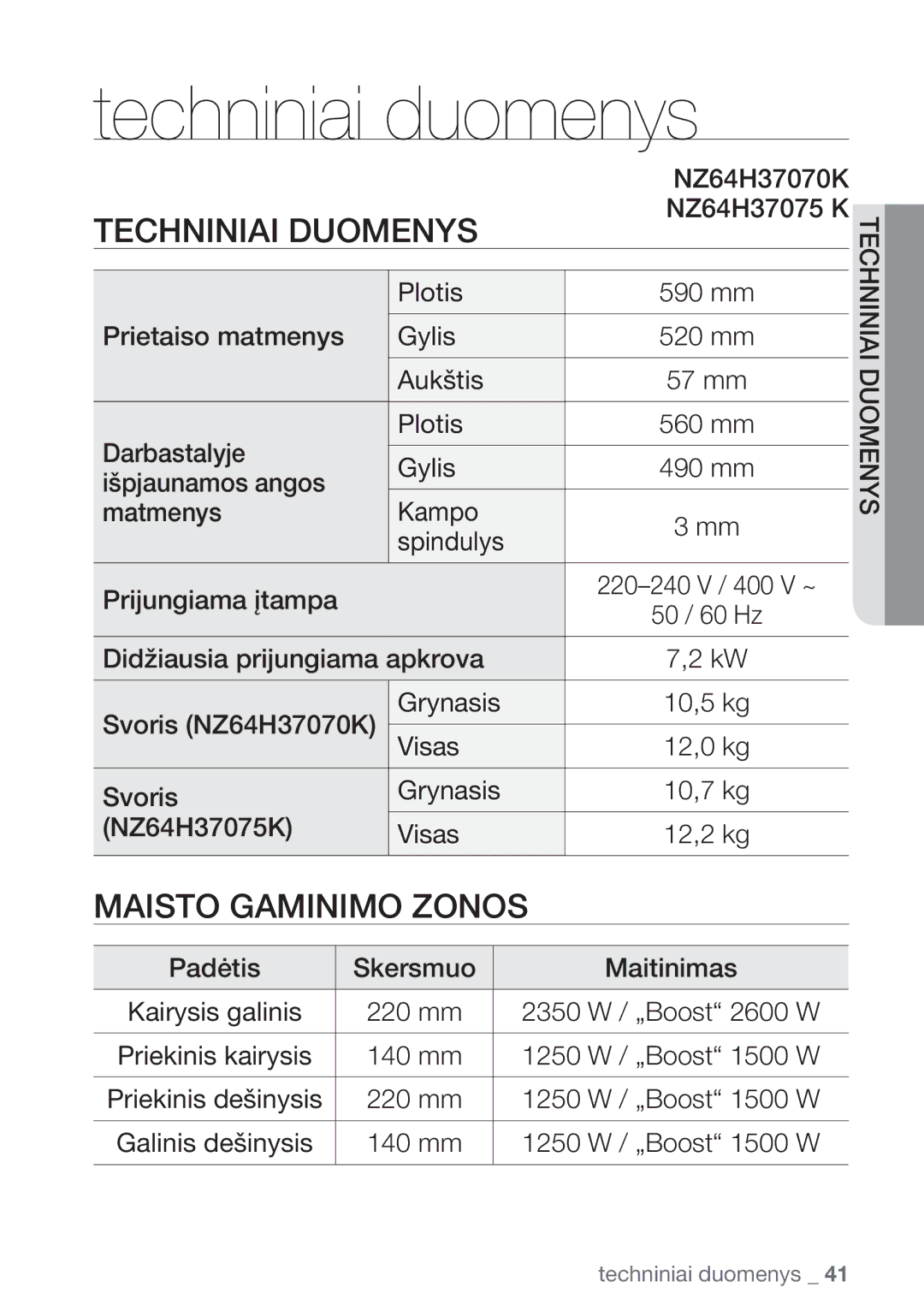 Samsung NZ64H37075K/EO manual Techniniai duomenys, Techniniai Duomenys 