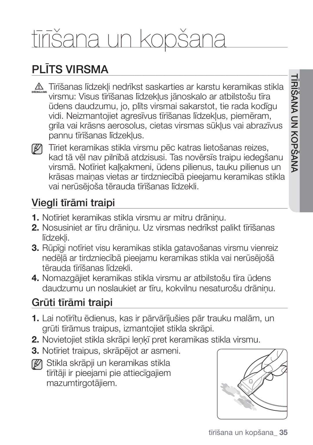 Samsung NZ64H37075K/EO manual Tīrīšana un kopšana, Plīts Virsma, Viegli tīrāmi traipi, Grūti tīrāmi traipi 