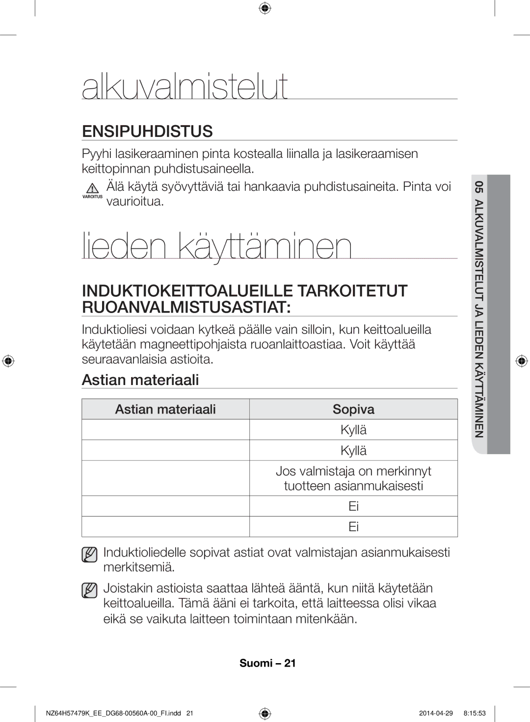 Samsung NZ64H57479K/EE, NZ64H57477K/EE manual Alkuvalmistelut, Lieden käyttäminen, Ensipuhdistus, Astian materiaali 