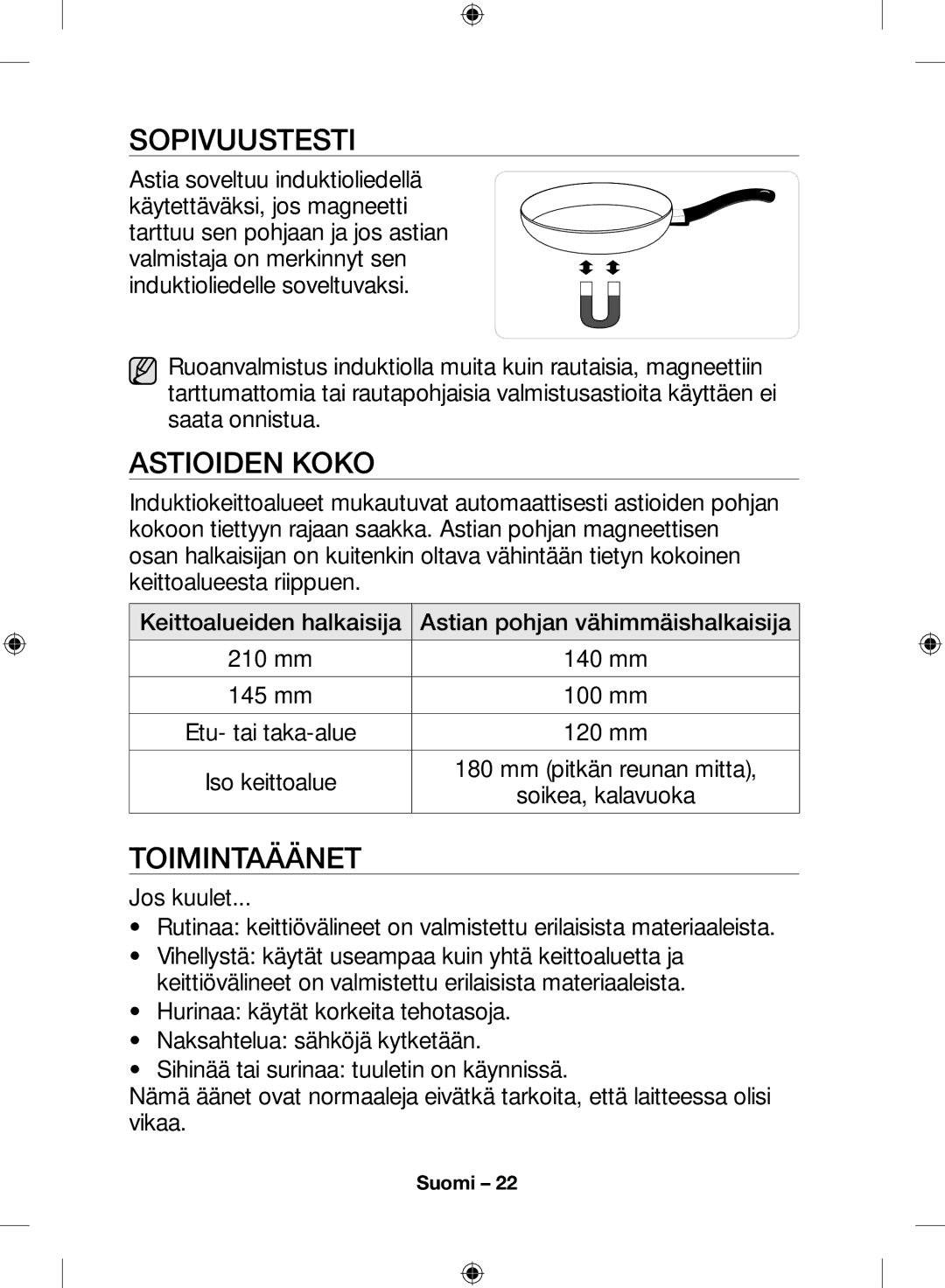 Samsung NZ64H57477K/EE, NZ64H57479K/EE manual Sopivuustesti, Astioiden koko, Toimintaäänet 