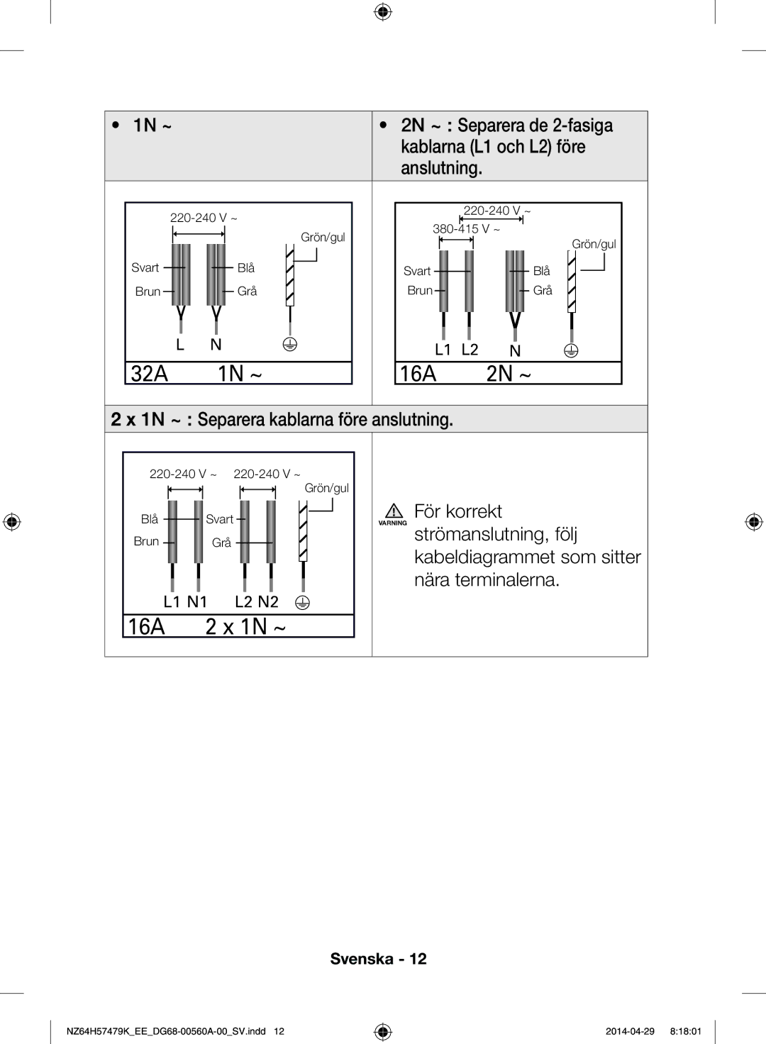 Samsung NZ64H57477K/EE, NZ64H57479K/EE manual 1N ~ 16A, 2N ~ 