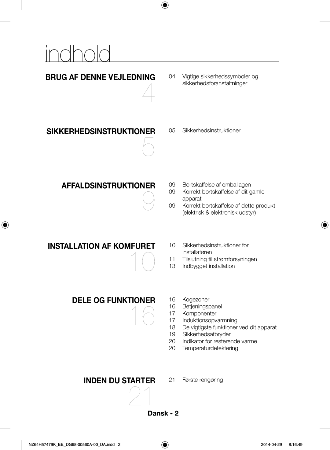 Samsung NZ64H57477K/EE, NZ64H57479K/EE manual Indhold, Brug af denne vejledning Sikkerhedsinstruktioner 