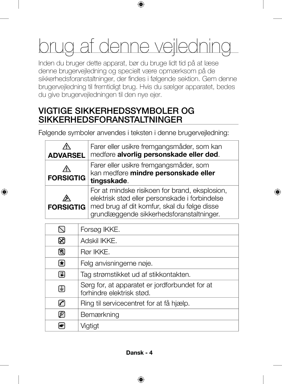 Samsung NZ64H57477K/EE Brug af denne vejledning, Vigtige sikkerhedssymboler og sikkerhedsforanstaltninger, Tingsskade 