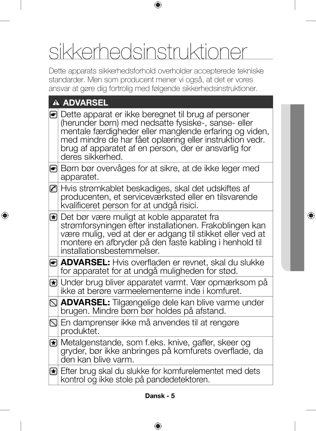 Samsung NZ64H57479K/EE, NZ64H57477K/EE manual Sikkerhedsinstruktioner 