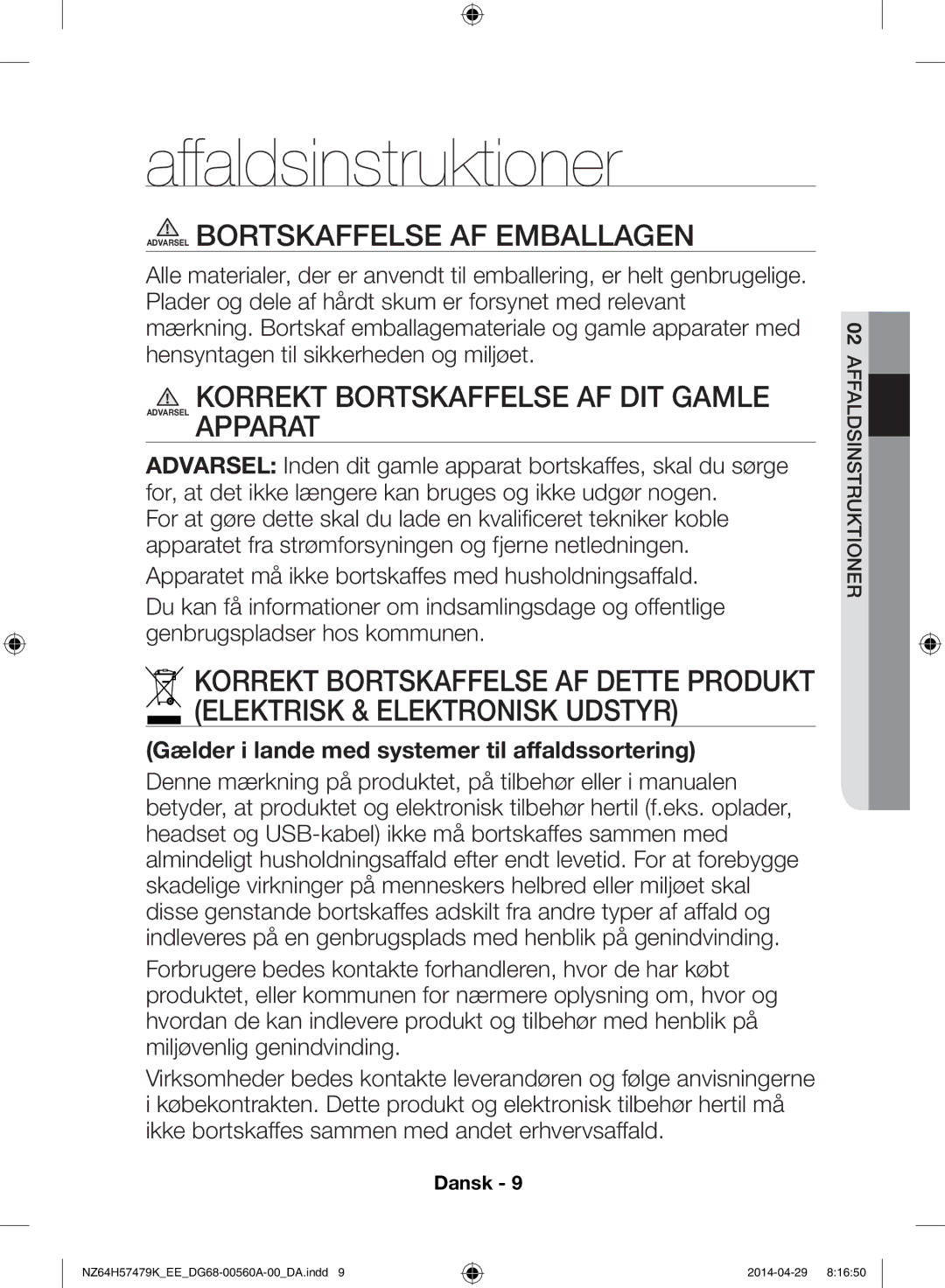 Samsung NZ64H57479K/EE, NZ64H57477K/EE manual Affaldsinstruktioner, Korrekt bortskaffelse af dit gamle 