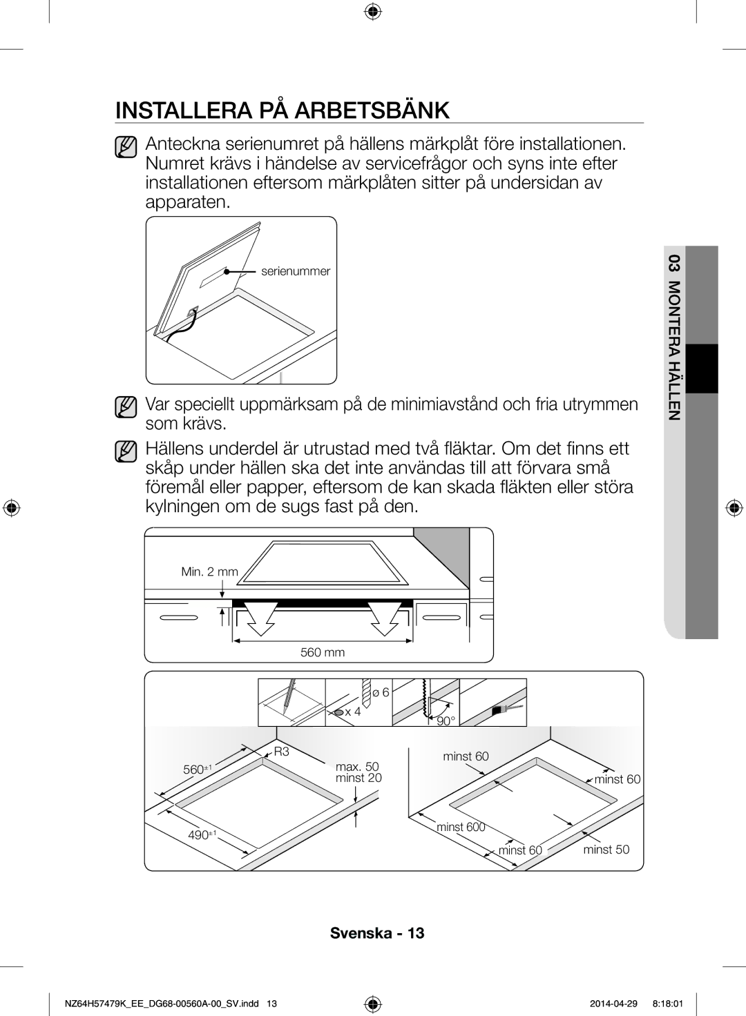 Samsung NZ64H57479K/EE, NZ64H57477K/EE manual Installera på arbetsbänk 