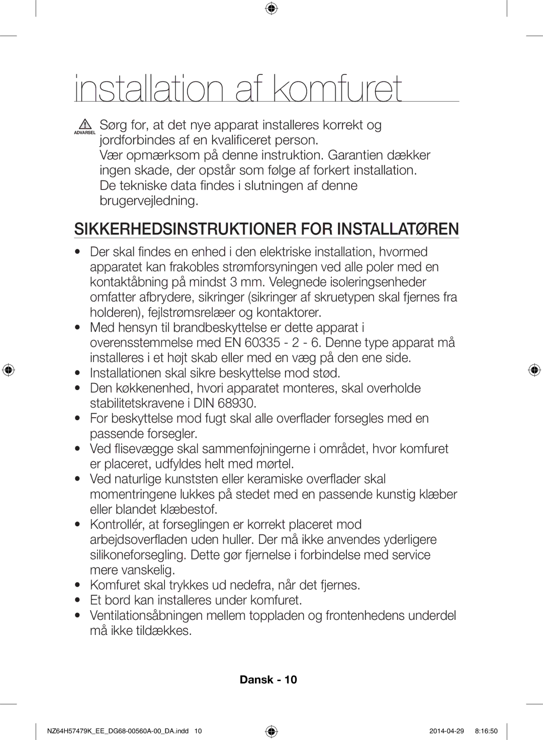 Samsung NZ64H57477K/EE, NZ64H57479K/EE manual Installation af komfuret, Sikkerhedsinstruktioner for installatøren 