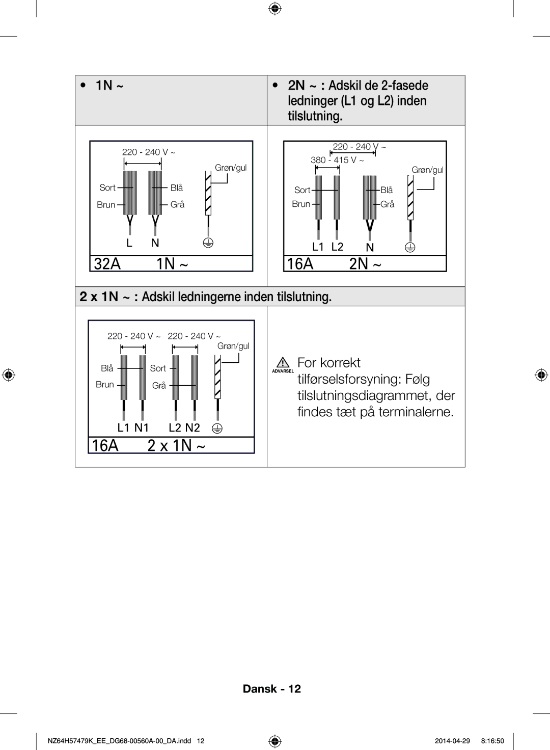 Samsung NZ64H57477K/EE, NZ64H57479K/EE manual 1N ~ 16A 2N ~, 16A 2 x 1N ~ 