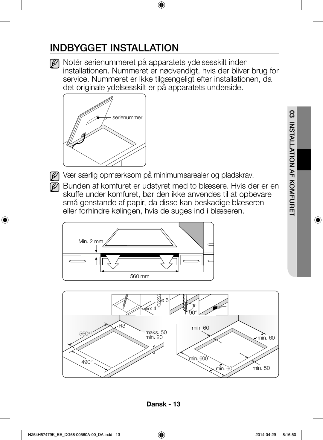 Samsung NZ64H57479K/EE, NZ64H57477K/EE manual Indbygget installation 