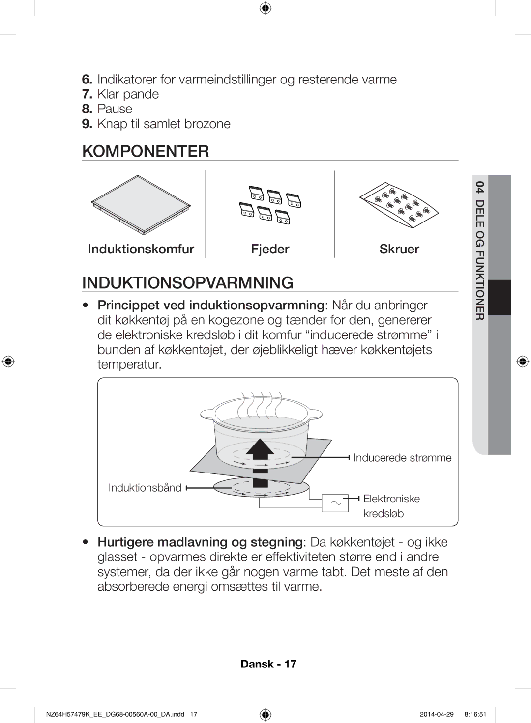 Samsung NZ64H57479K/EE, NZ64H57477K/EE manual Komponenter, Induktionsopvarmning 