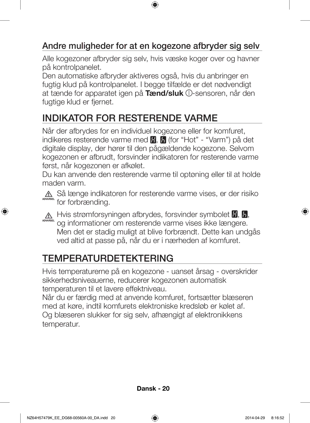 Samsung NZ64H57477K/EE, NZ64H57479K/EE manual Indikator for resterende varme, Temperaturdetektering 