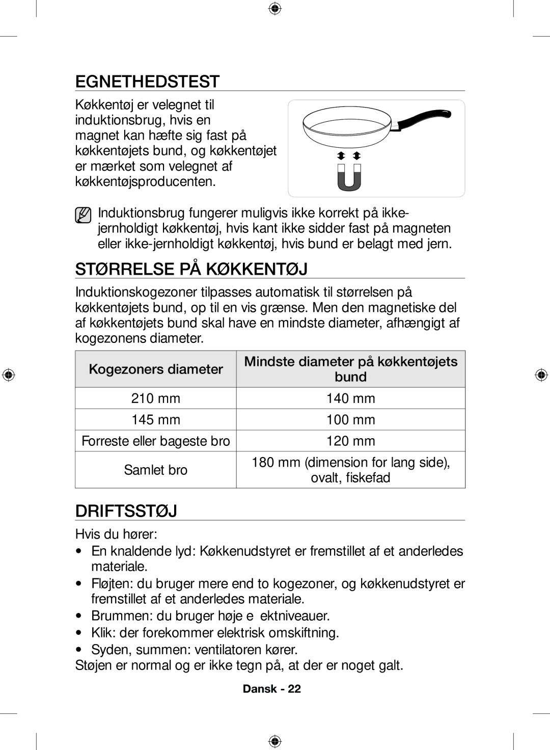 Samsung NZ64H57477K/EE, NZ64H57479K/EE manual Egnethedstest, Størrelse på køkkentøj, Driftsstøj 