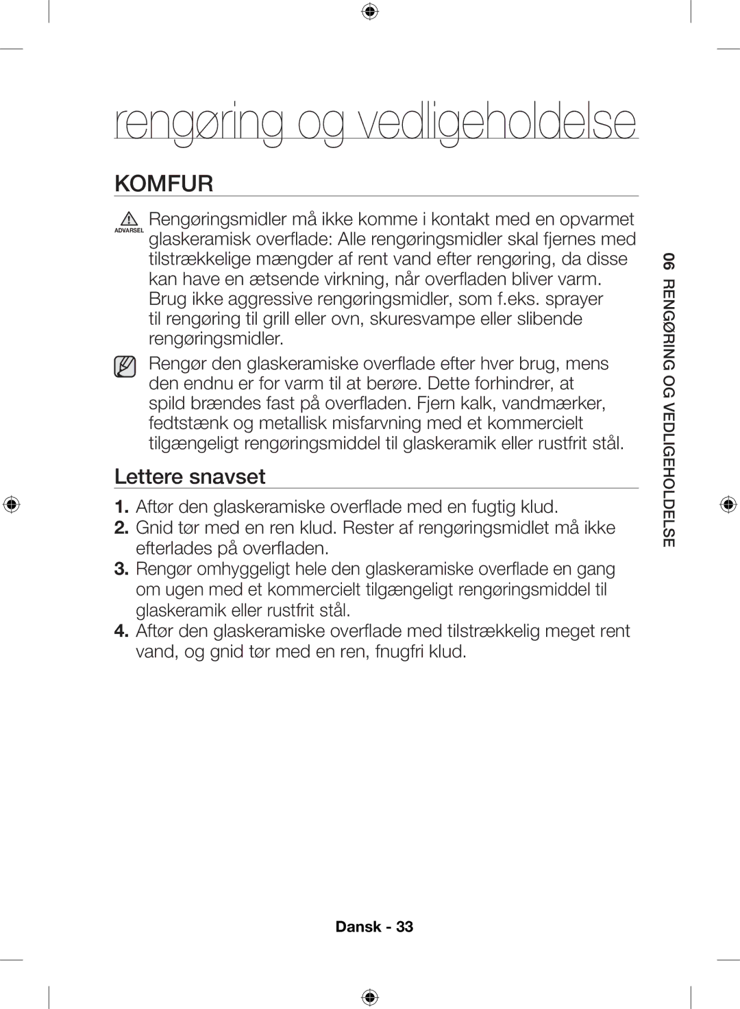 Samsung NZ64H57479K/EE, NZ64H57477K/EE manual Komfur, Lettere snavset 