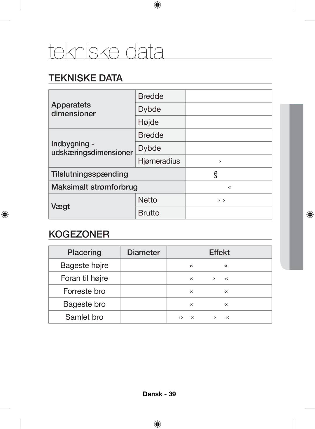 Samsung NZ64H57479K/EE, NZ64H57477K/EE manual Maksimalt strømforbrug Vægt Netto 13,3 kg Brutto 15,5 kg 