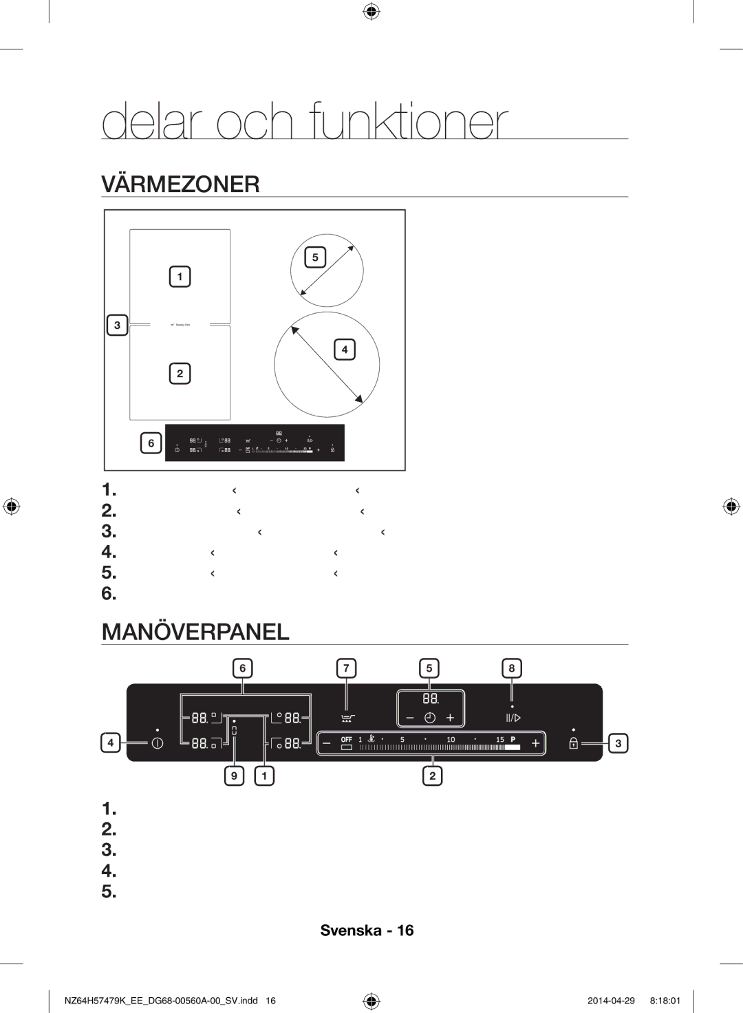 Samsung NZ64H57477K/EE, NZ64H57479K/EE manual Delar och funktioner, Värmezoner, Manöverpanel 