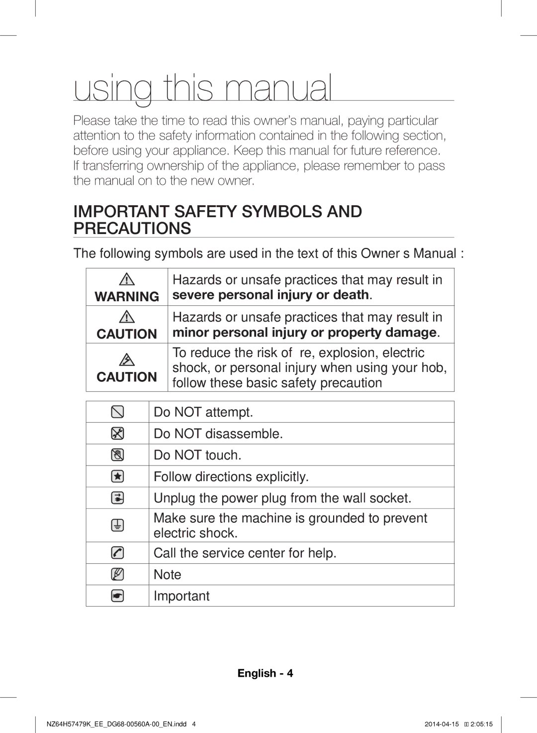 Samsung NZ64H57477K/EE Using this manual, Important Safety Symbols and Precautions, Severe personal injury or death 