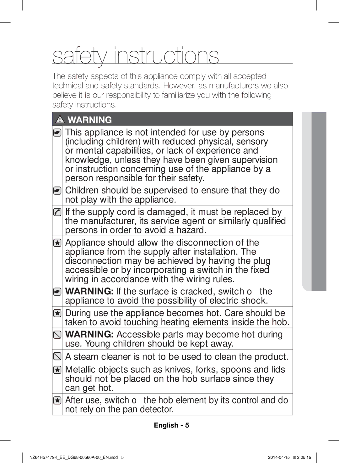 Samsung NZ64H57479K/EE, NZ64H57477K/EE manual Safety instructions 