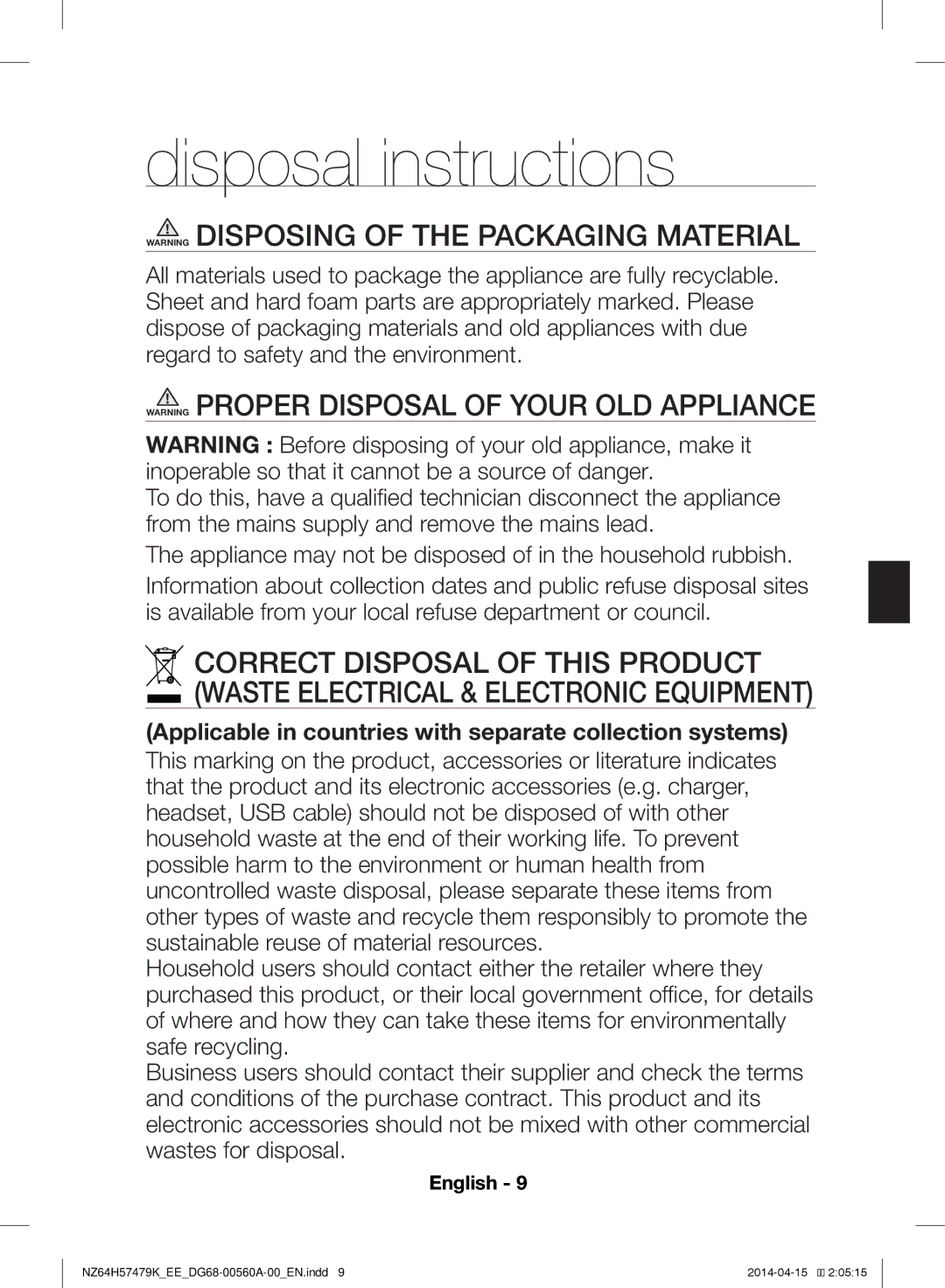 Samsung NZ64H57479K/EE, NZ64H57477K/EE Disposal instructions, Applicable in countries with separate collection systems 