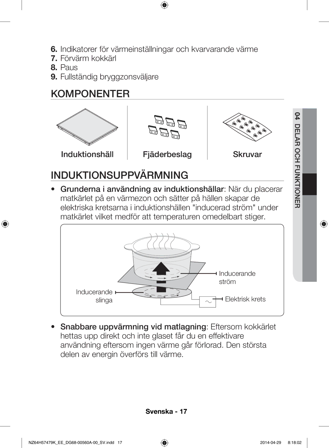 Samsung NZ64H57479K/EE, NZ64H57477K/EE manual Komponenter, Induktionsuppvärmning 