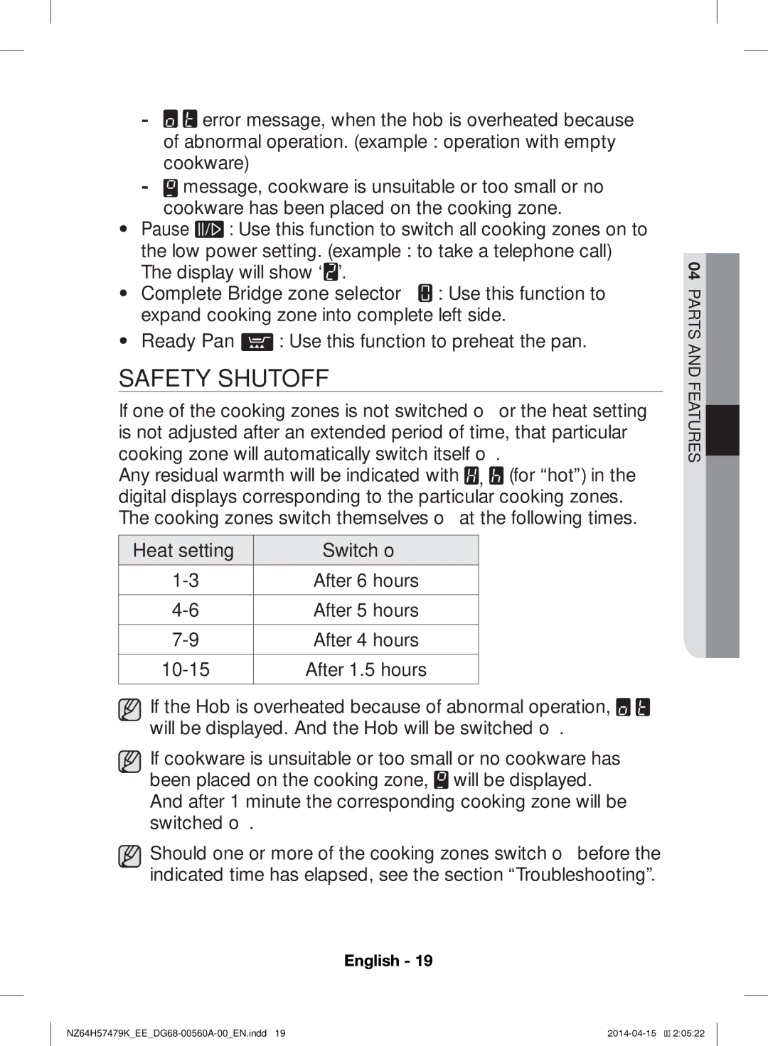 Samsung NZ64H57479K/EE, NZ64H57477K/EE manual Safety Shutoff 