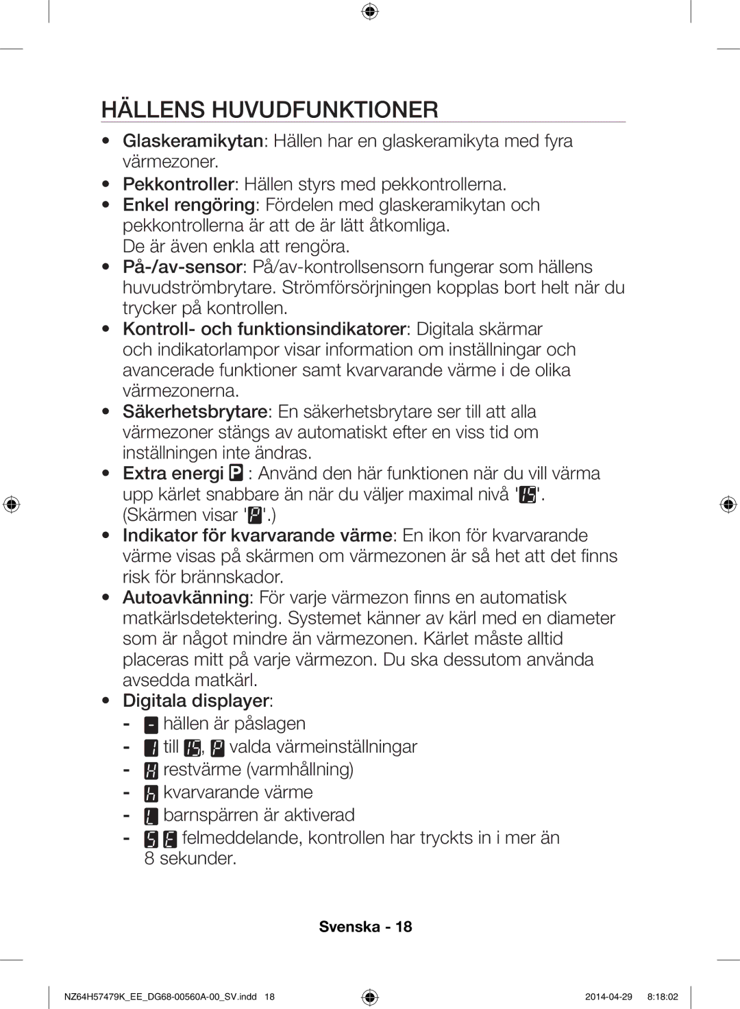 Samsung NZ64H57477K/EE, NZ64H57479K/EE manual Hällens huvudfunktioner 