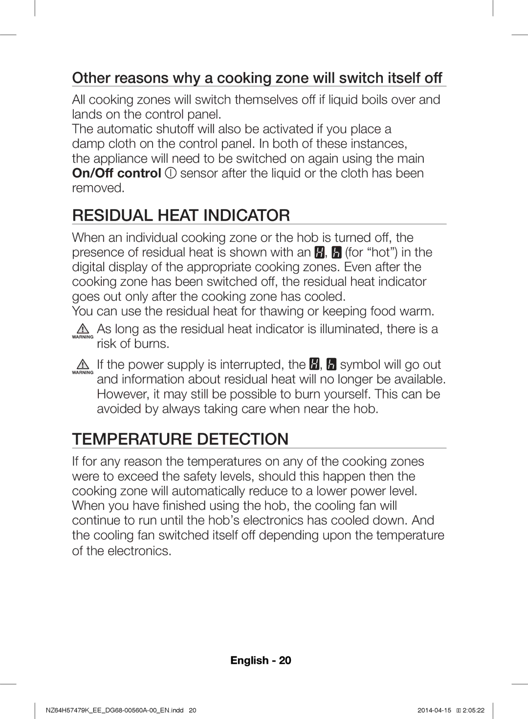 Samsung NZ64H57477K/EE, NZ64H57479K/EE manual Residual Heat Indicator, Temperature Detection 