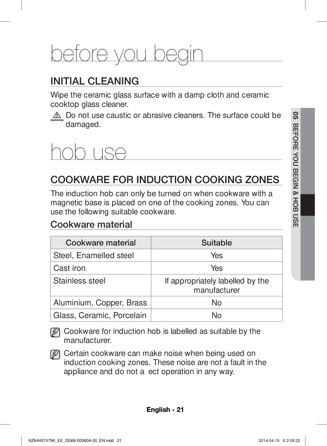 Samsung NZ64H57479K/EE, NZ64H57477K/EE Before you begin, Hob use, Initial Cleaning, Cookware for Induction Cooking Zones 