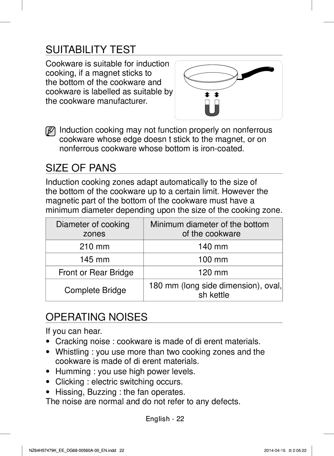 Samsung NZ64H57477K/EE, NZ64H57479K/EE manual Suitability Test, Size of Pans, Operating Noises 