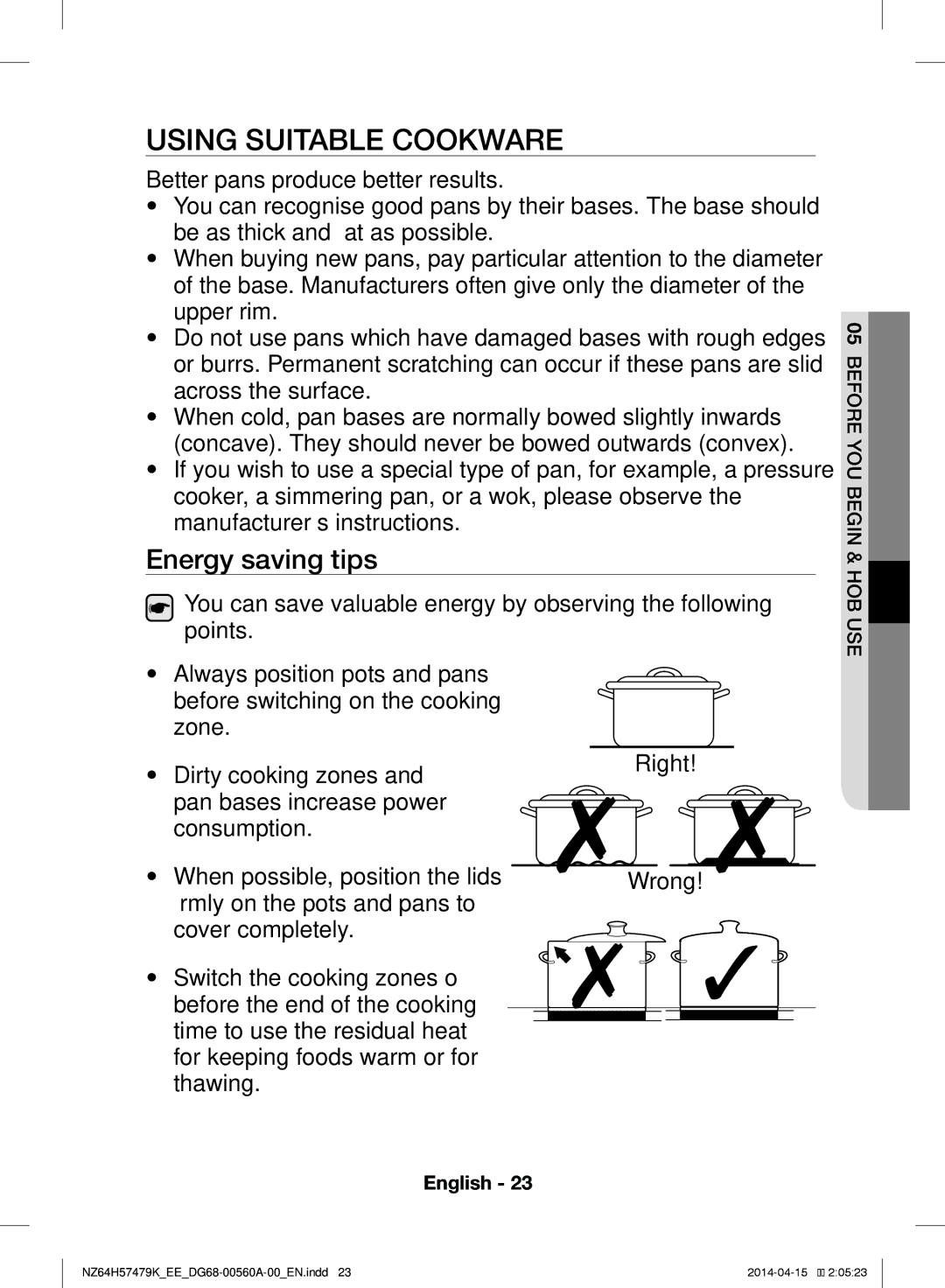 Samsung NZ64H57479K/EE, NZ64H57477K/EE manual Using Suitable Cookware, Energy saving tips 