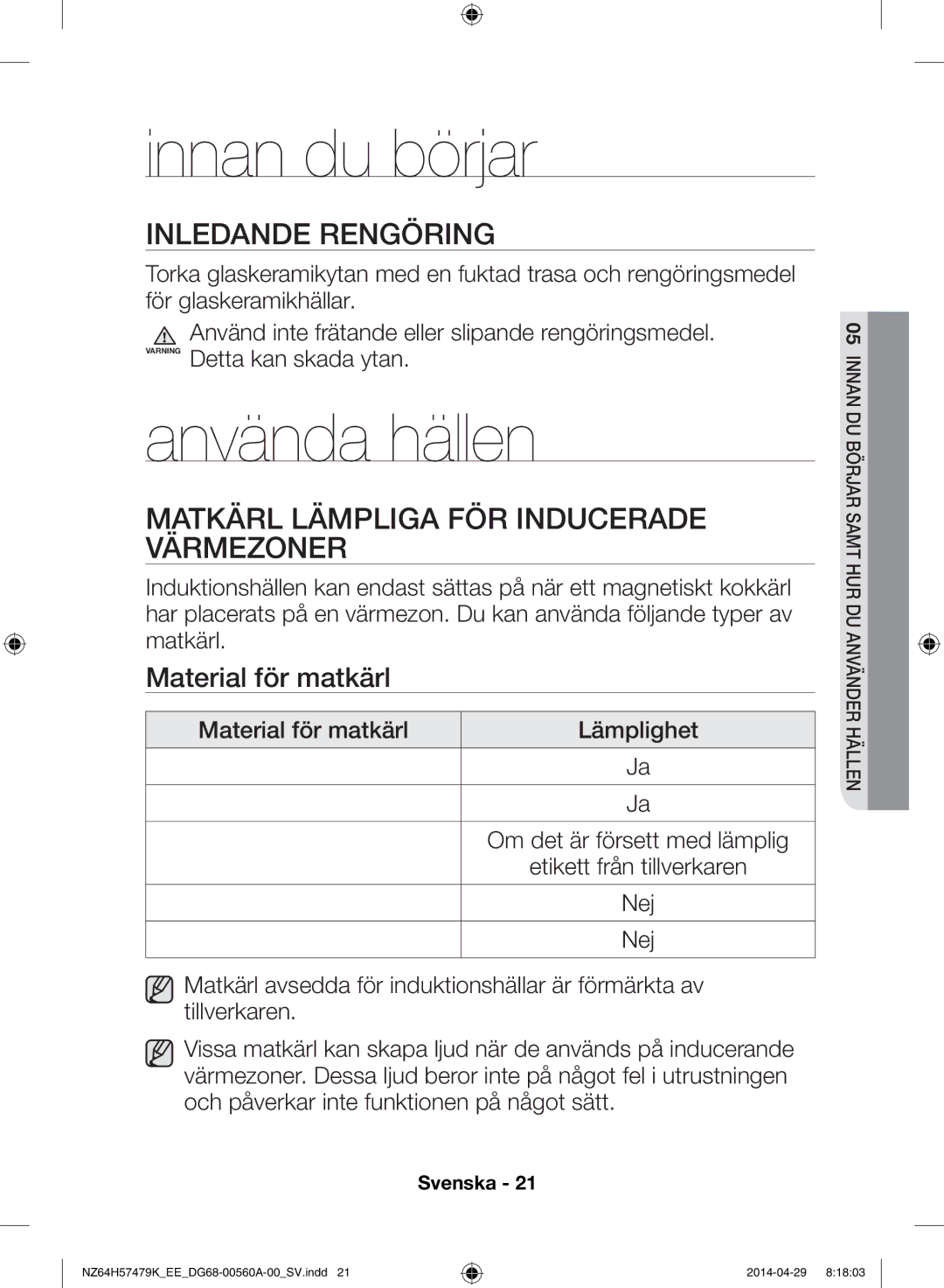 Samsung NZ64H57479K/EE Innan du börjar, Använda hällen, Inledande rengöring, Matkärl lämpliga för inducerade värmezoner 