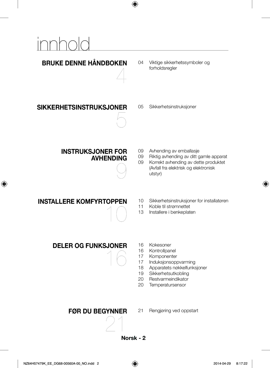 Samsung NZ64H57477K/EE, NZ64H57479K/EE manual Innhold, Før du begynner 