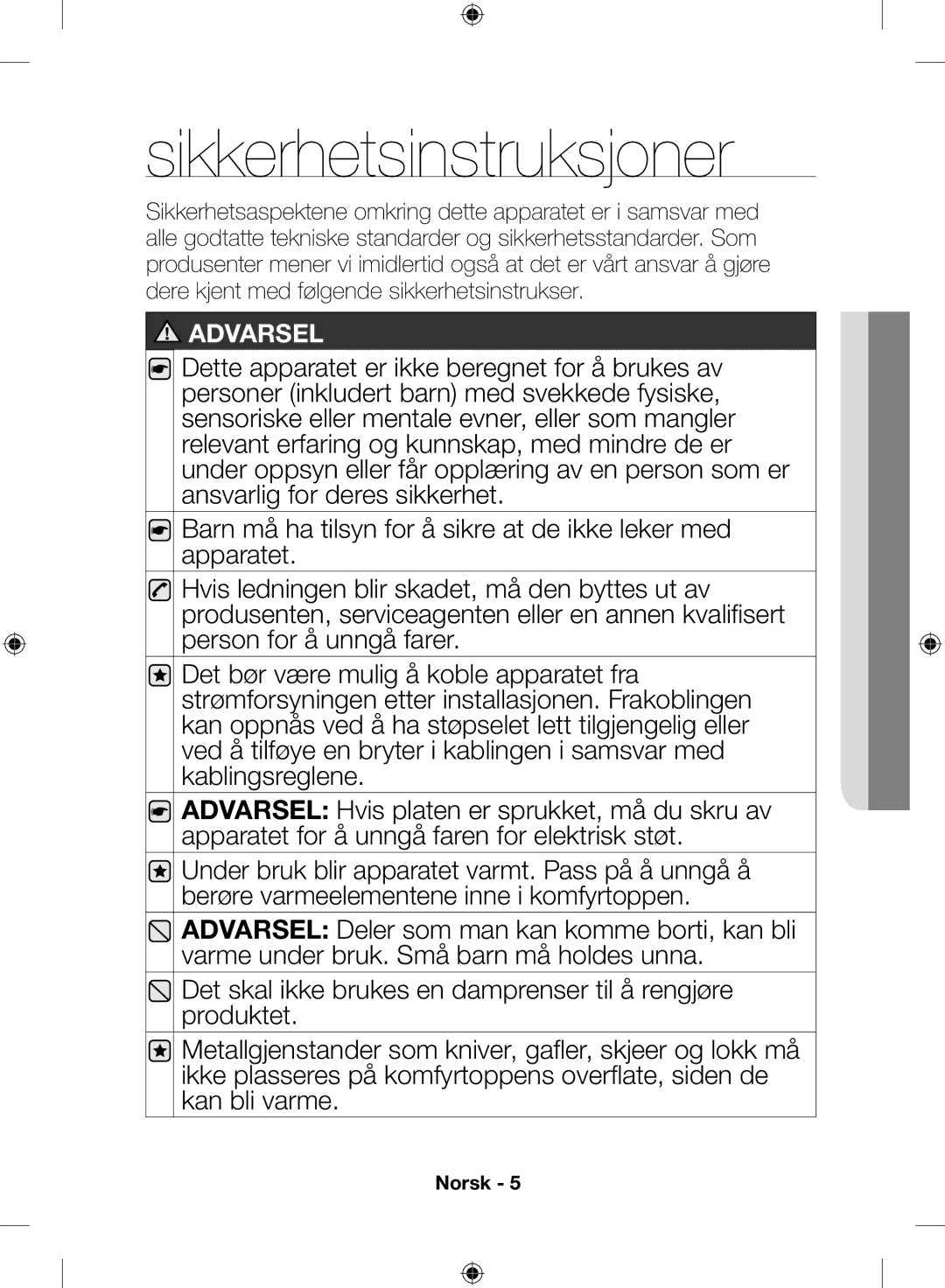 Samsung NZ64H57479K/EE, NZ64H57477K/EE manual Sikkerhetsinstruksjoner 