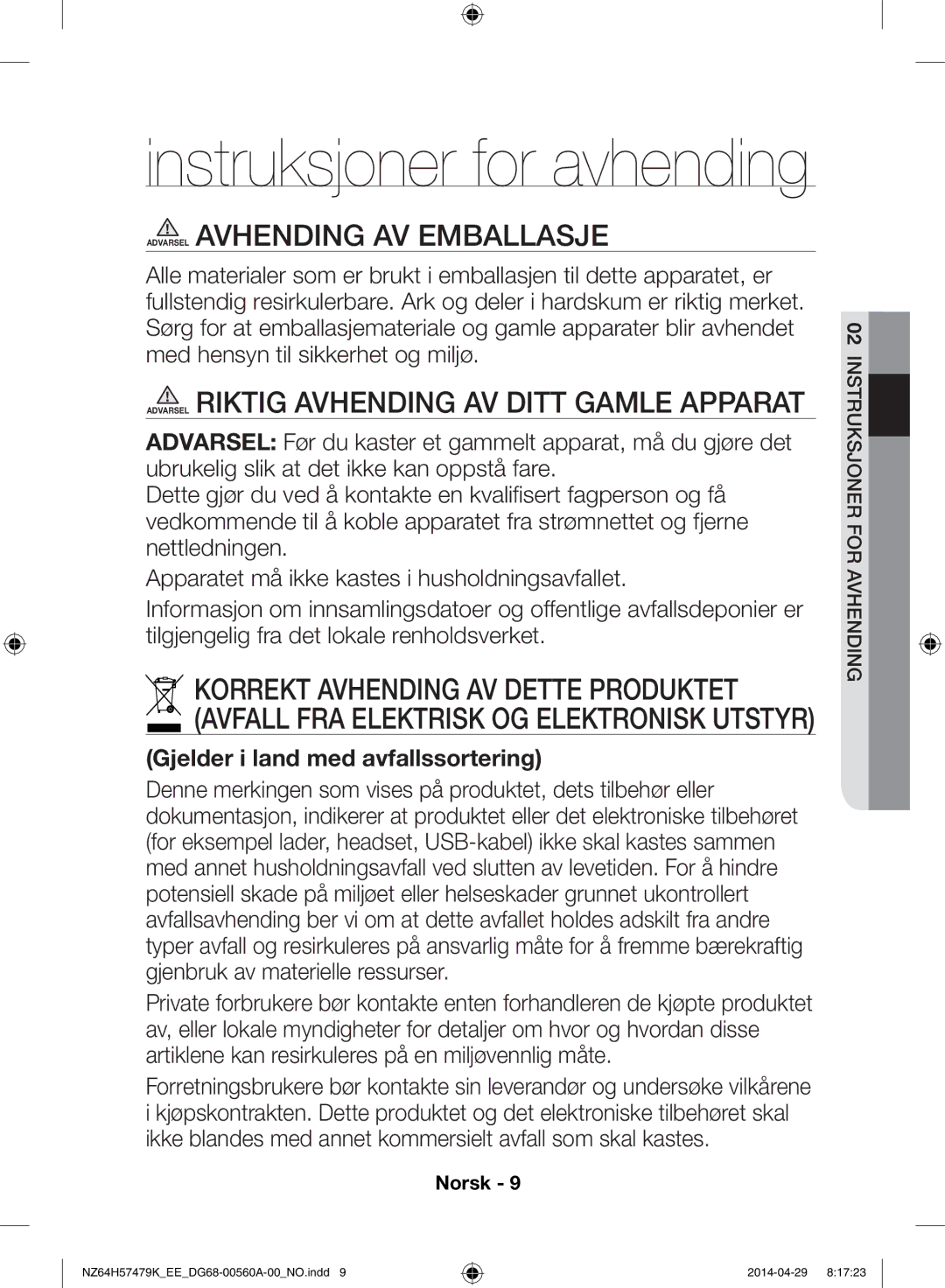 Samsung NZ64H57479K/EE, NZ64H57477K/EE manual Instruksjoner for avhending, Gjelder i land med avfallssortering 