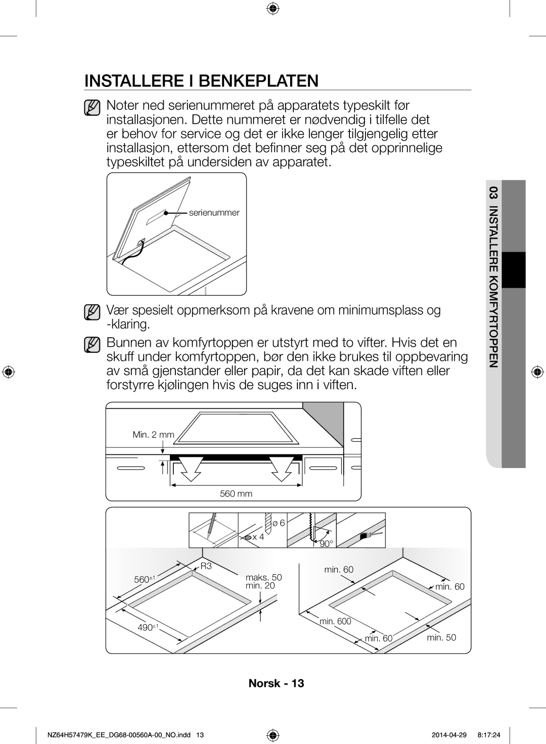 Samsung NZ64H57479K/EE, NZ64H57477K/EE manual Installere i benkeplaten 