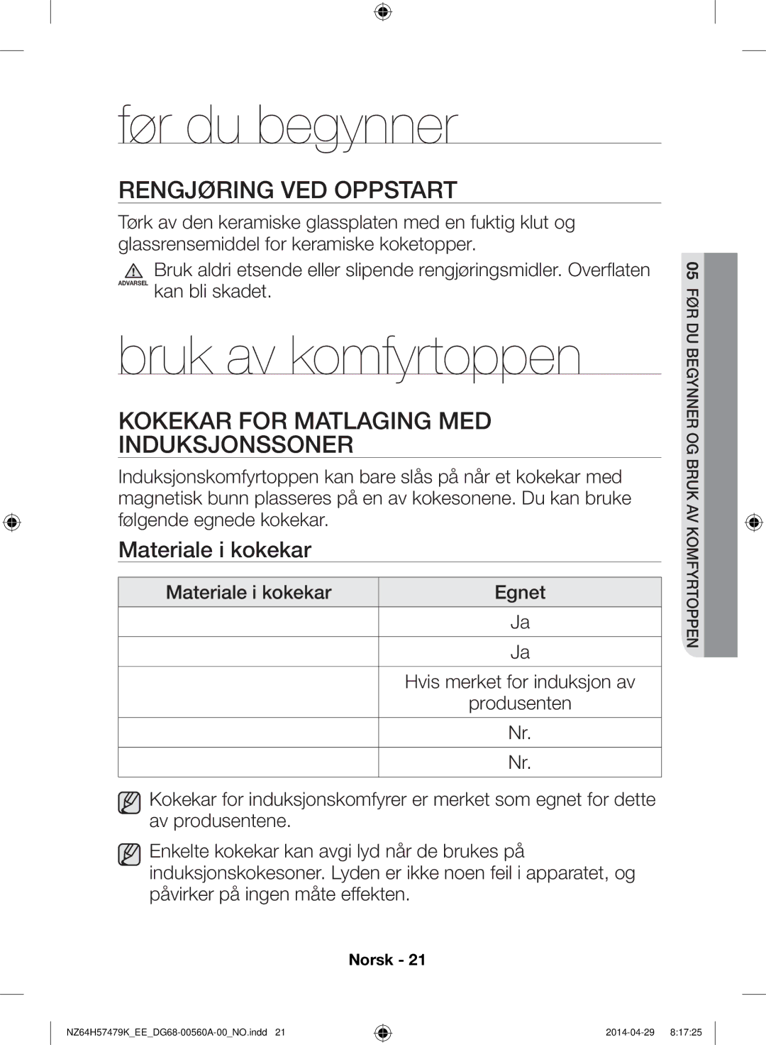 Samsung NZ64H57479K/EE, NZ64H57477K/EE Før du begynner, Bruk av komfyrtoppen, Rengjøring ved oppstart, Materiale i kokekar 