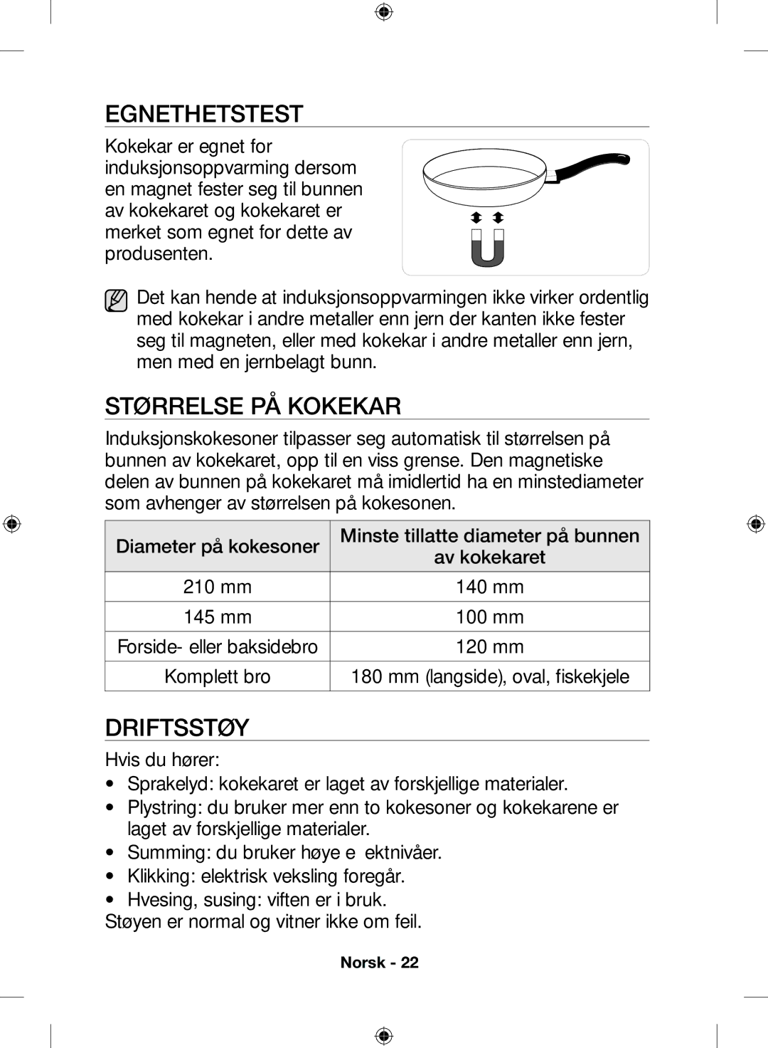 Samsung NZ64H57477K/EE, NZ64H57479K/EE manual Egnethetstest, Størrelse på kokekar, Driftsstøy 