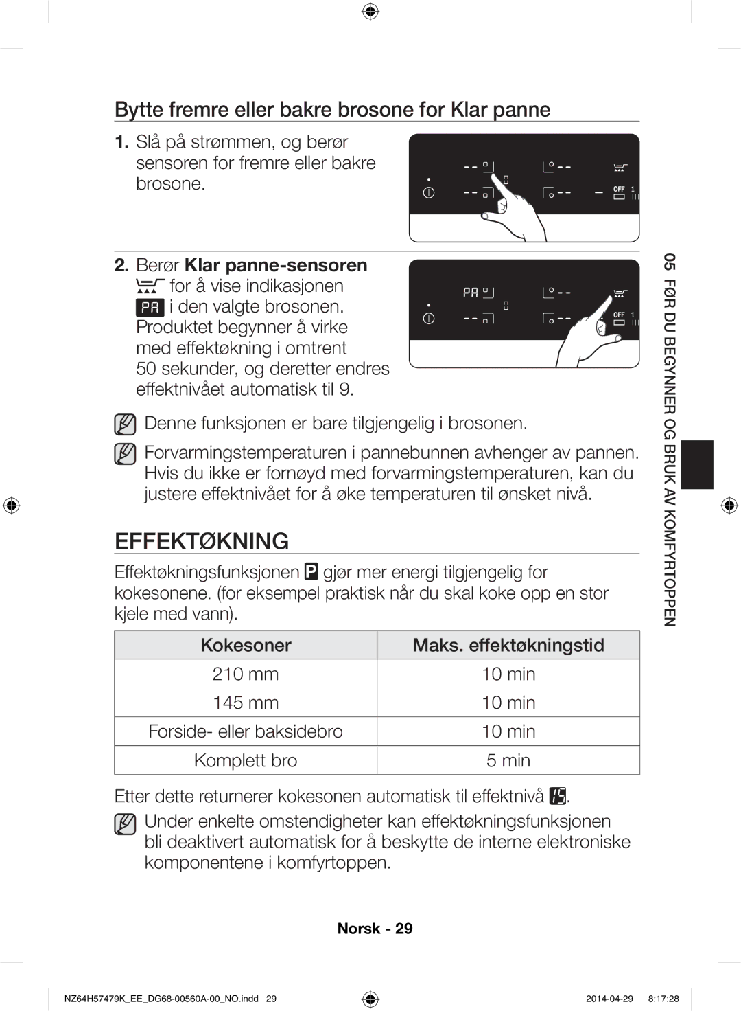 Samsung NZ64H57479K/EE manual Effektøkning, Bytte fremre eller bakre brosone for Klar panne, Berør Klar panne-sensoren 