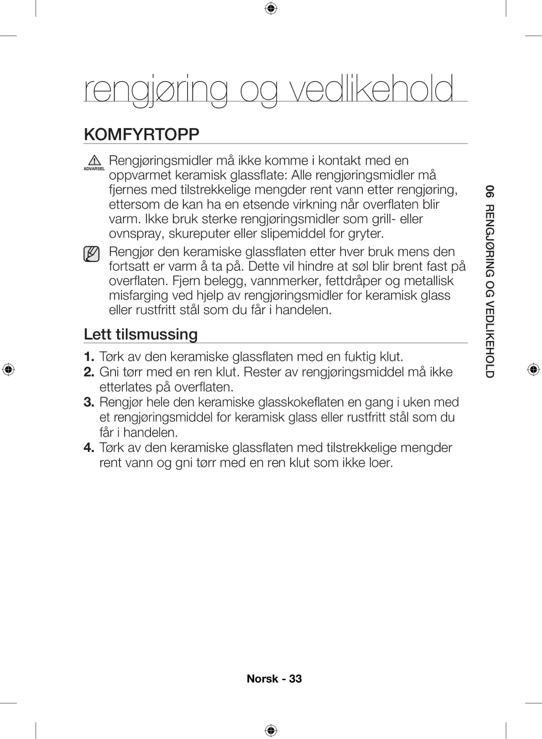 Samsung NZ64H57479K/EE, NZ64H57477K/EE manual Komfyrtopp, Lett tilsmussing 