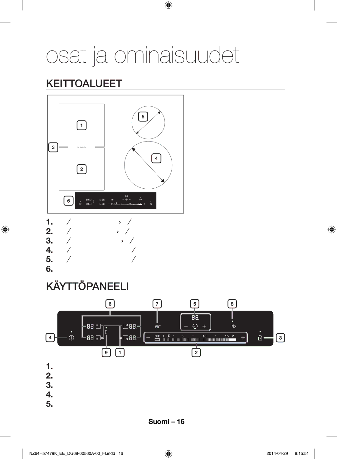 Samsung NZ64H57477K/EE, NZ64H57479K/EE manual Osat ja ominaisuudet, Keittoalueet, Käyttöpaneeli 