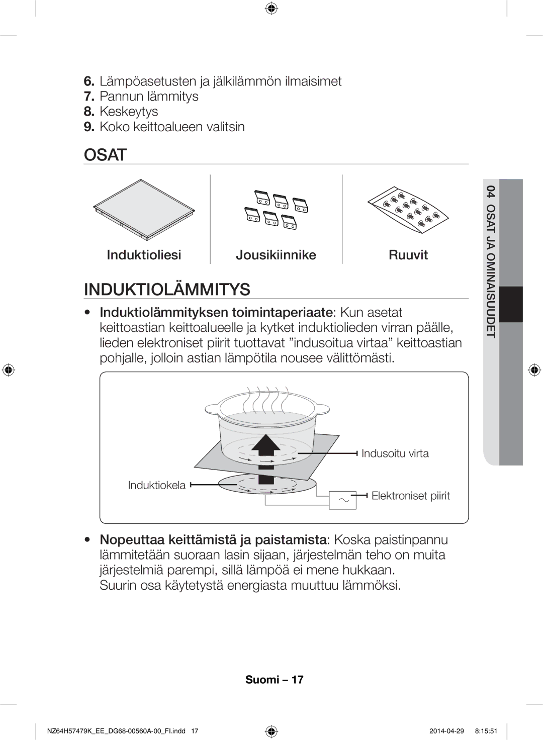 Samsung NZ64H57479K/EE, NZ64H57477K/EE manual Osat, Induktiolämmitys 