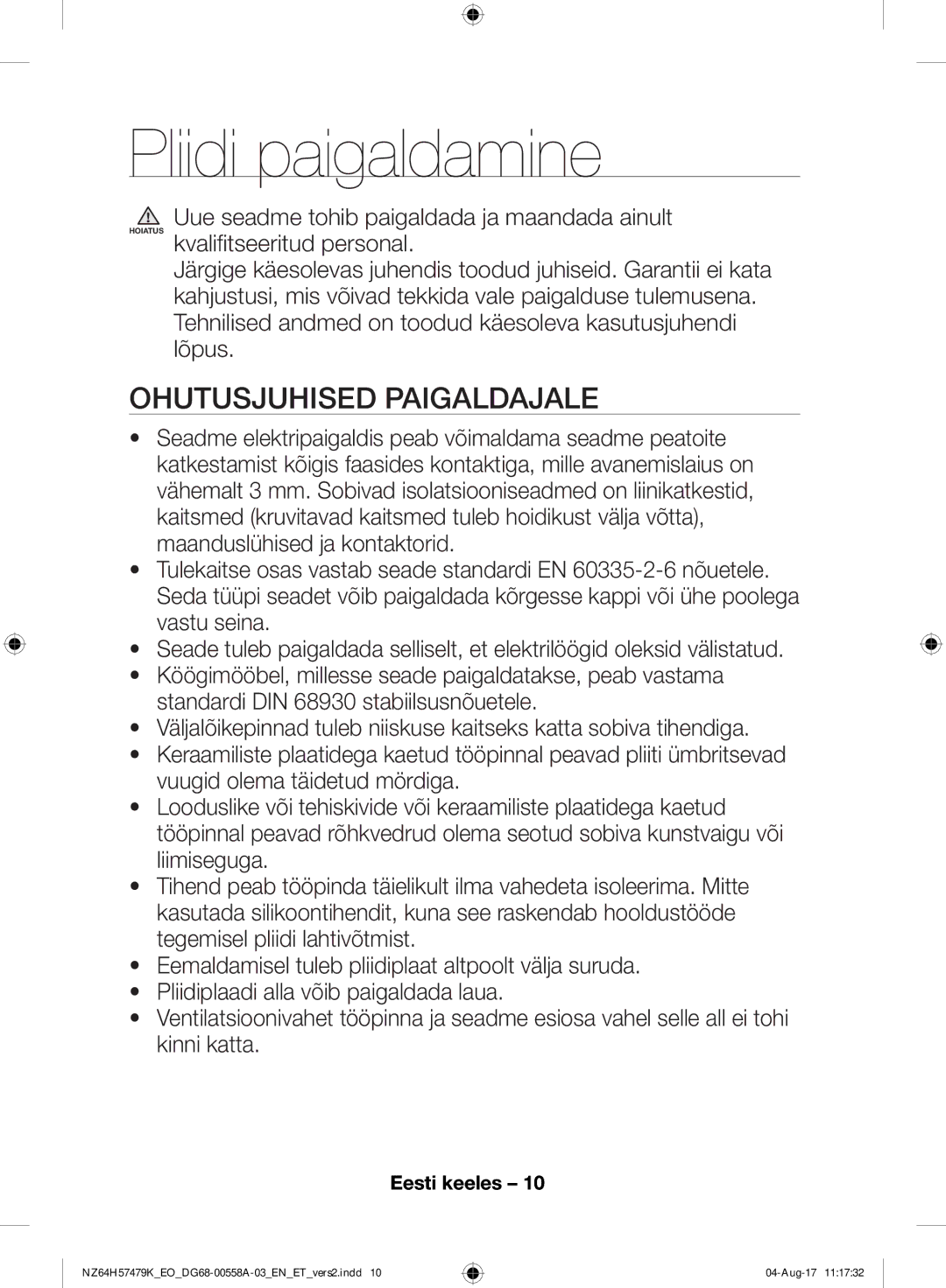 Samsung NZ64H57477K/EO manual Pliidi paigaldamine, Ohutusjuhised Paigaldajale 