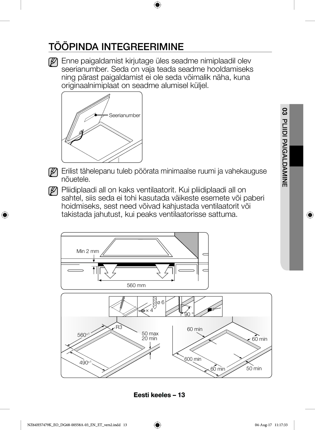 Samsung NZ64H57477K/EO manual Tööpinda Integreerimine 