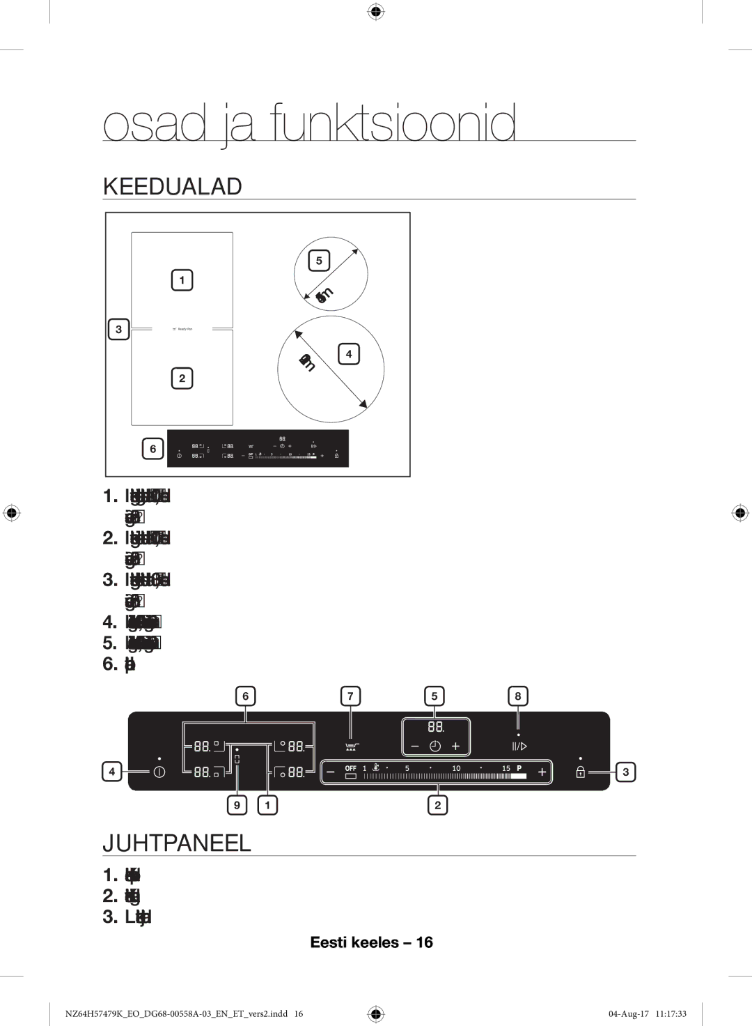 Samsung NZ64H57477K/EO manual Osad ja funktsioonid, Keedualad, Juhtpaneel 