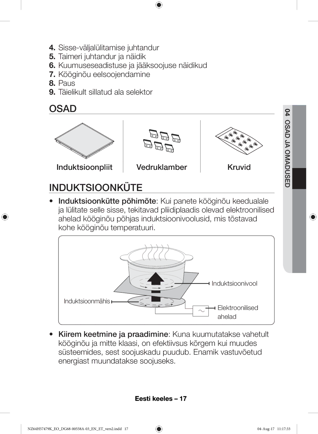 Samsung NZ64H57477K/EO manual Osad, Induktsioonküte 